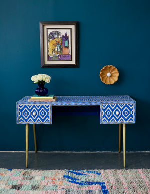 Blue Ikat Bone Inlay Desk